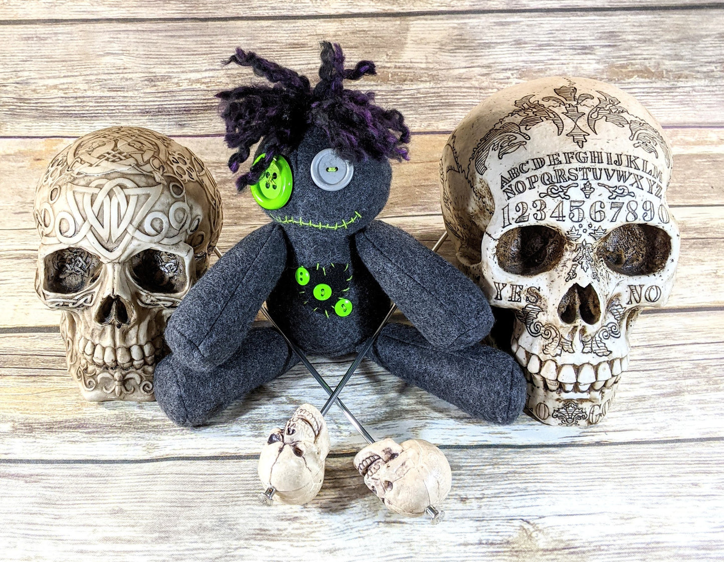 Little Gray and Green Voodoo Plush Doll Creepy Cute Kawaii Stuffed Animal