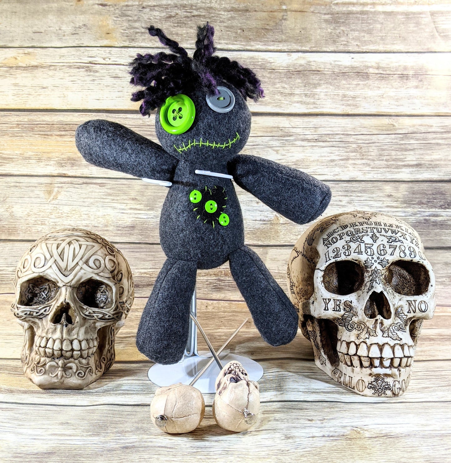 Little Gray and Green Voodoo Plush Doll Creepy Cute Kawaii Stuffed Animal