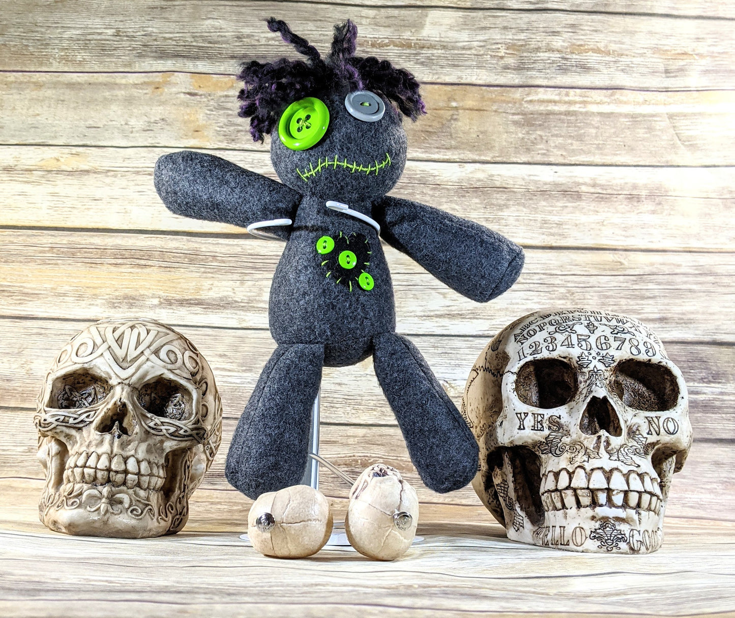 Little Gray and Green Voodoo Plush Doll Creepy Cute Kawaii Stuffed Animal
