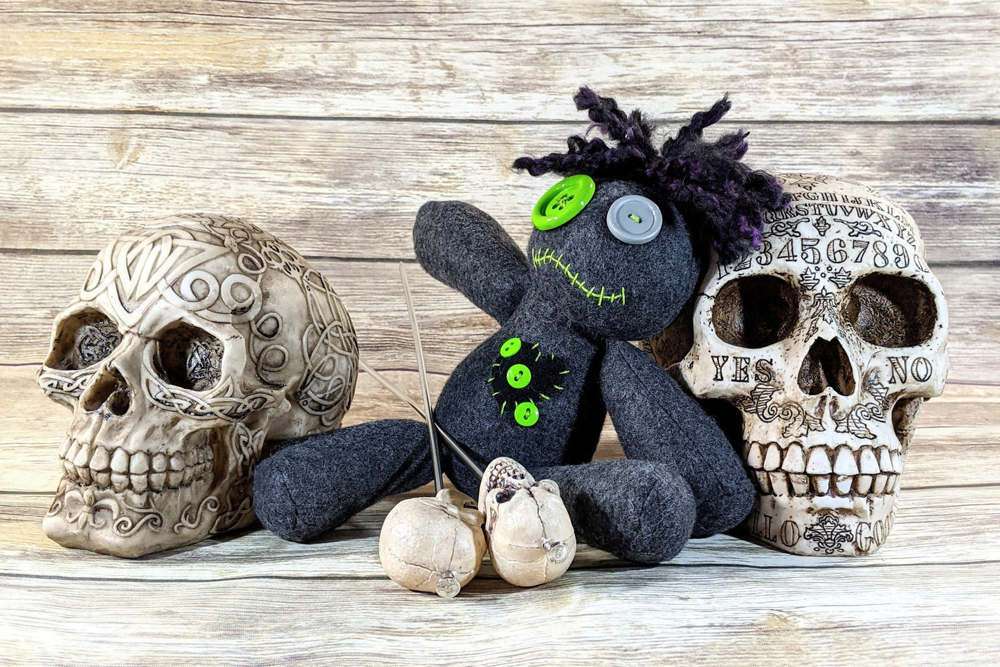 Little Gray and Green Voodoo Plush Doll Creepy Cute Kawaii Stuffed Animal