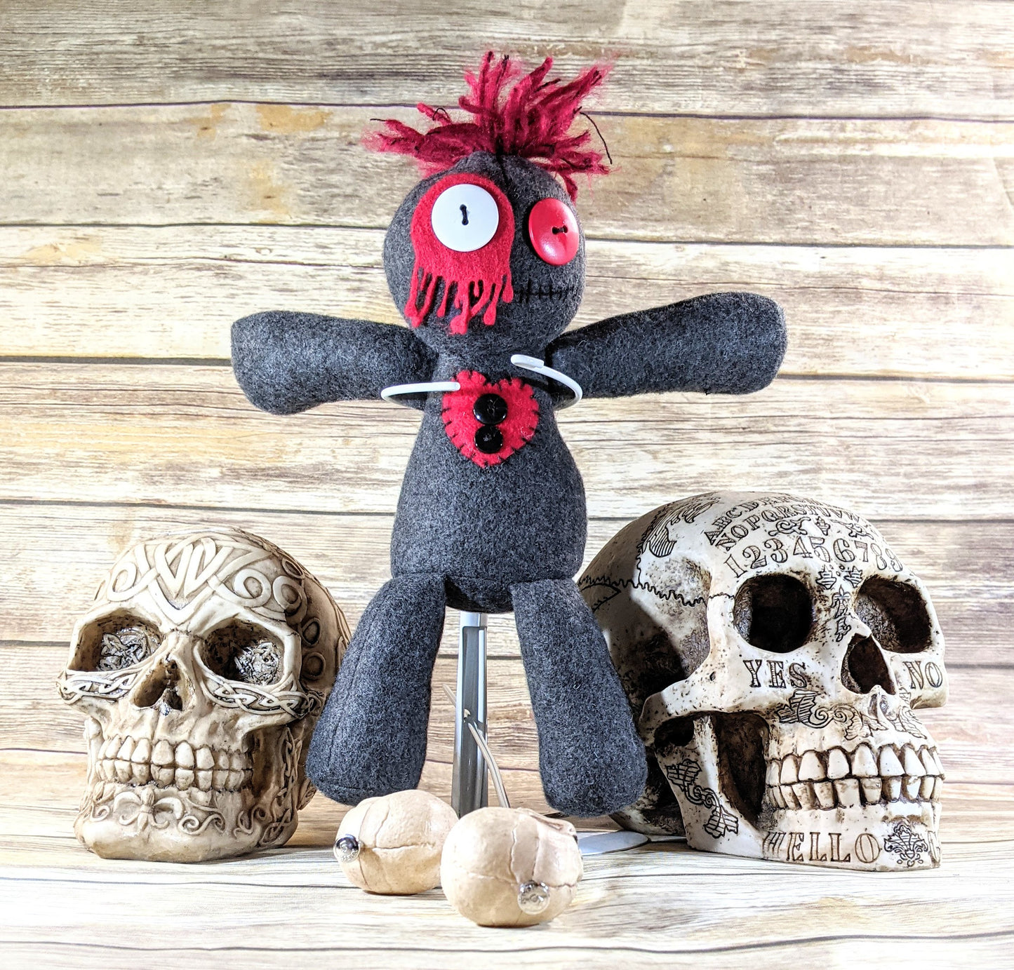 Little Gray and Red Voodoo Plush Doll Creepy Cute Kawaii Stuffed Poppet