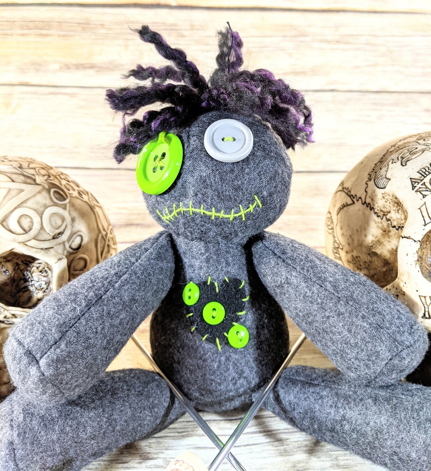 Little Gray and Green Voodoo Plush Doll Creepy Cute Kawaii Stuffed Animal