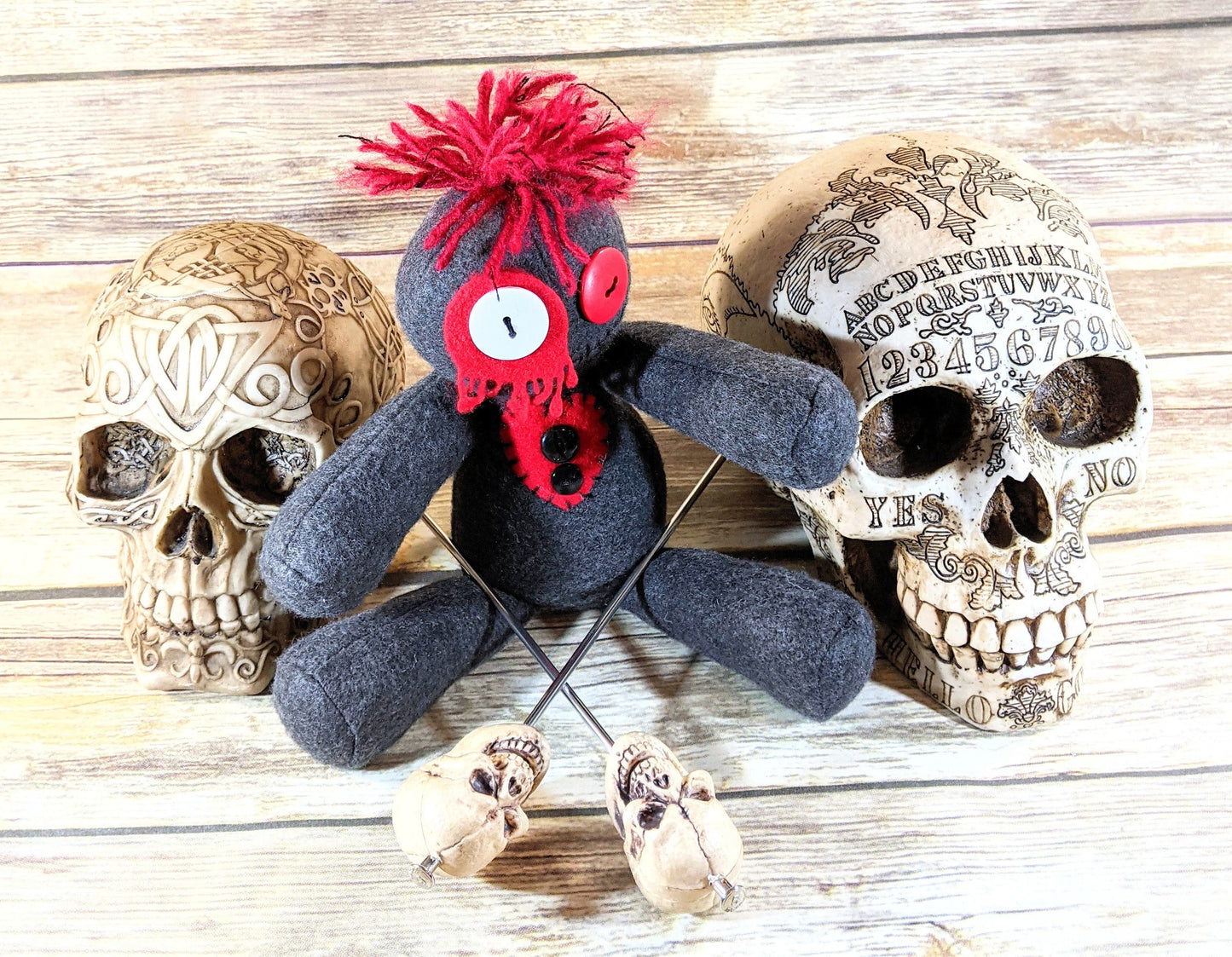 Little Gray and Red Voodoo Plush Doll Creepy Cute Kawaii Stuffed Poppet