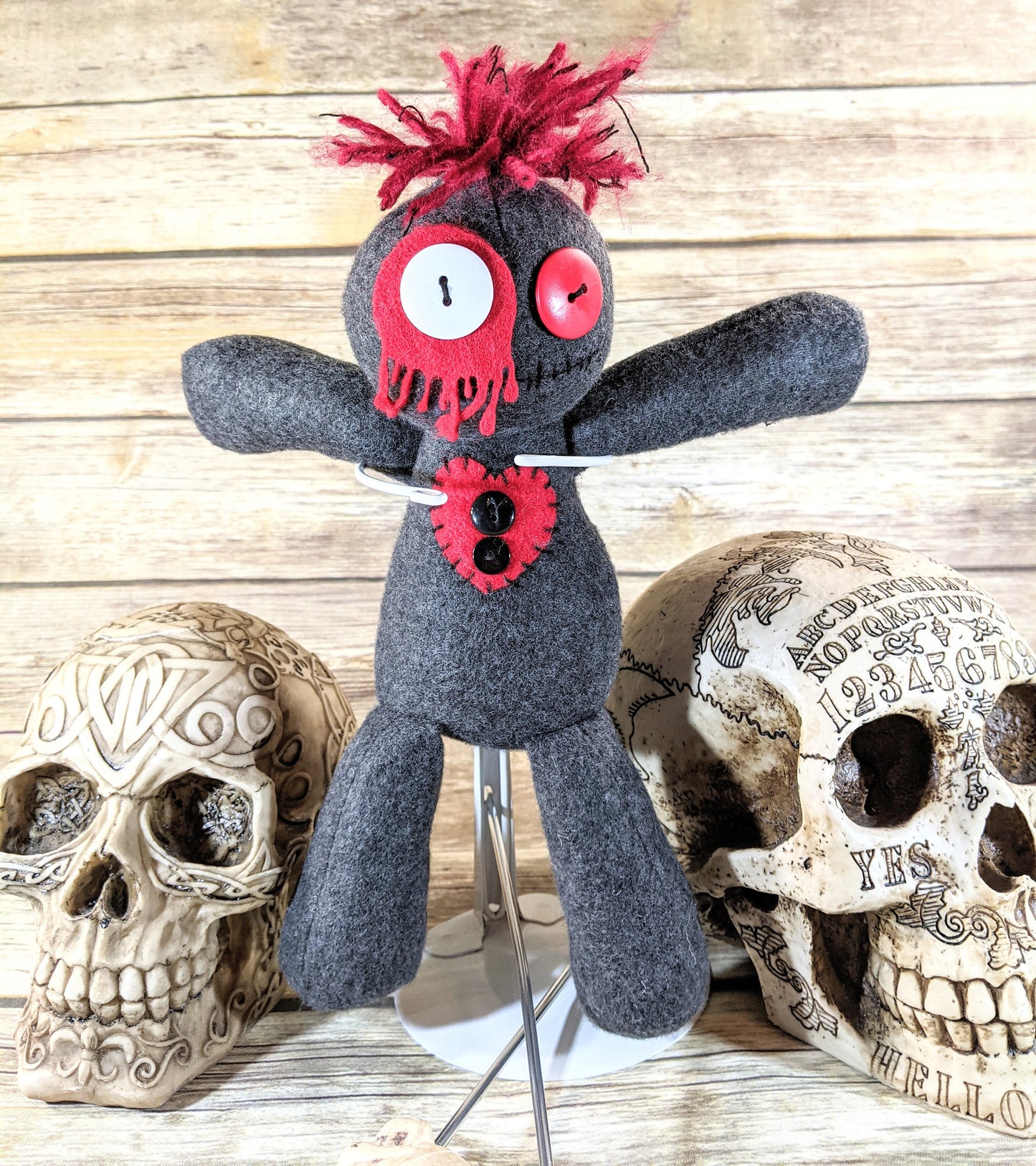 Little Gray and Red Voodoo Plush Doll Creepy Cute Kawaii Stuffed Poppet