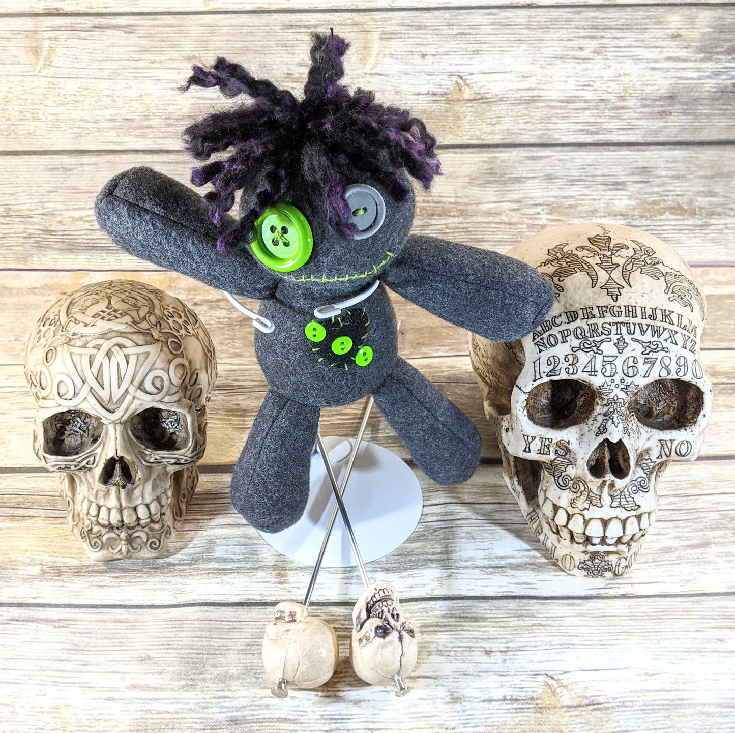Little Gray and Green Voodoo Plush Doll Creepy Cute Kawaii Stuffed Animal