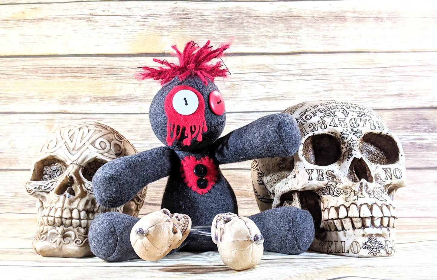 Little Gray and Red Voodoo Plush Doll Creepy Cute Kawaii Stuffed Poppet