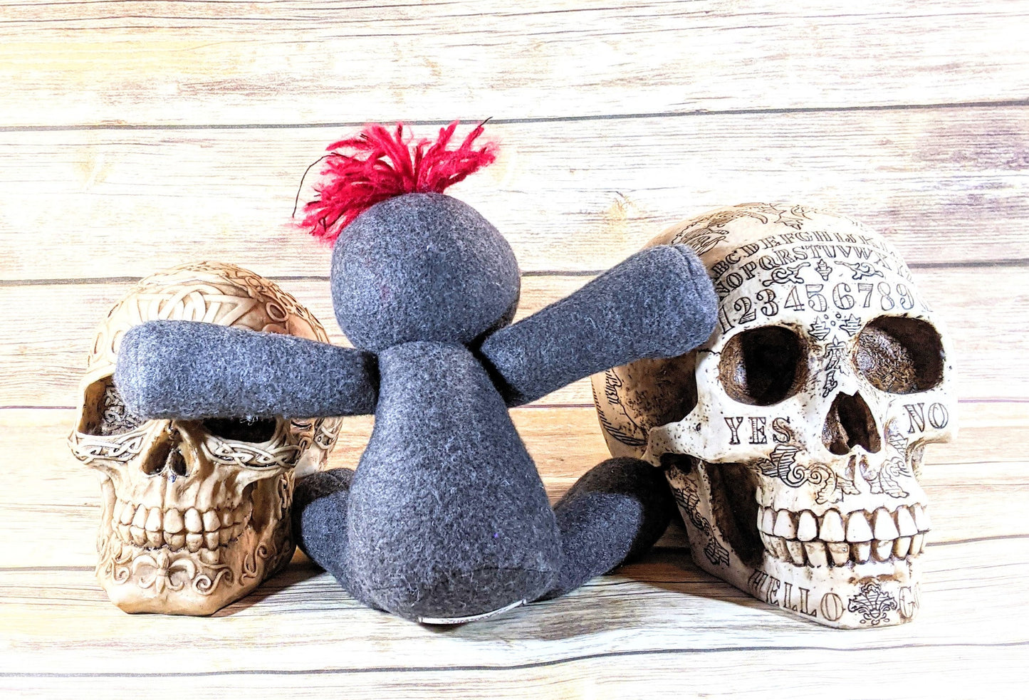 Little Gray and Red Voodoo Plush Doll Creepy Cute Kawaii Stuffed Poppet