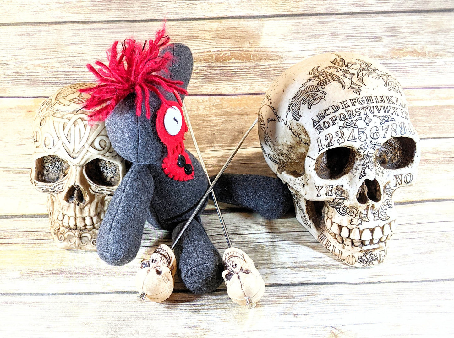 Little Gray and Red Voodoo Plush Doll Creepy Cute Kawaii Stuffed Poppet